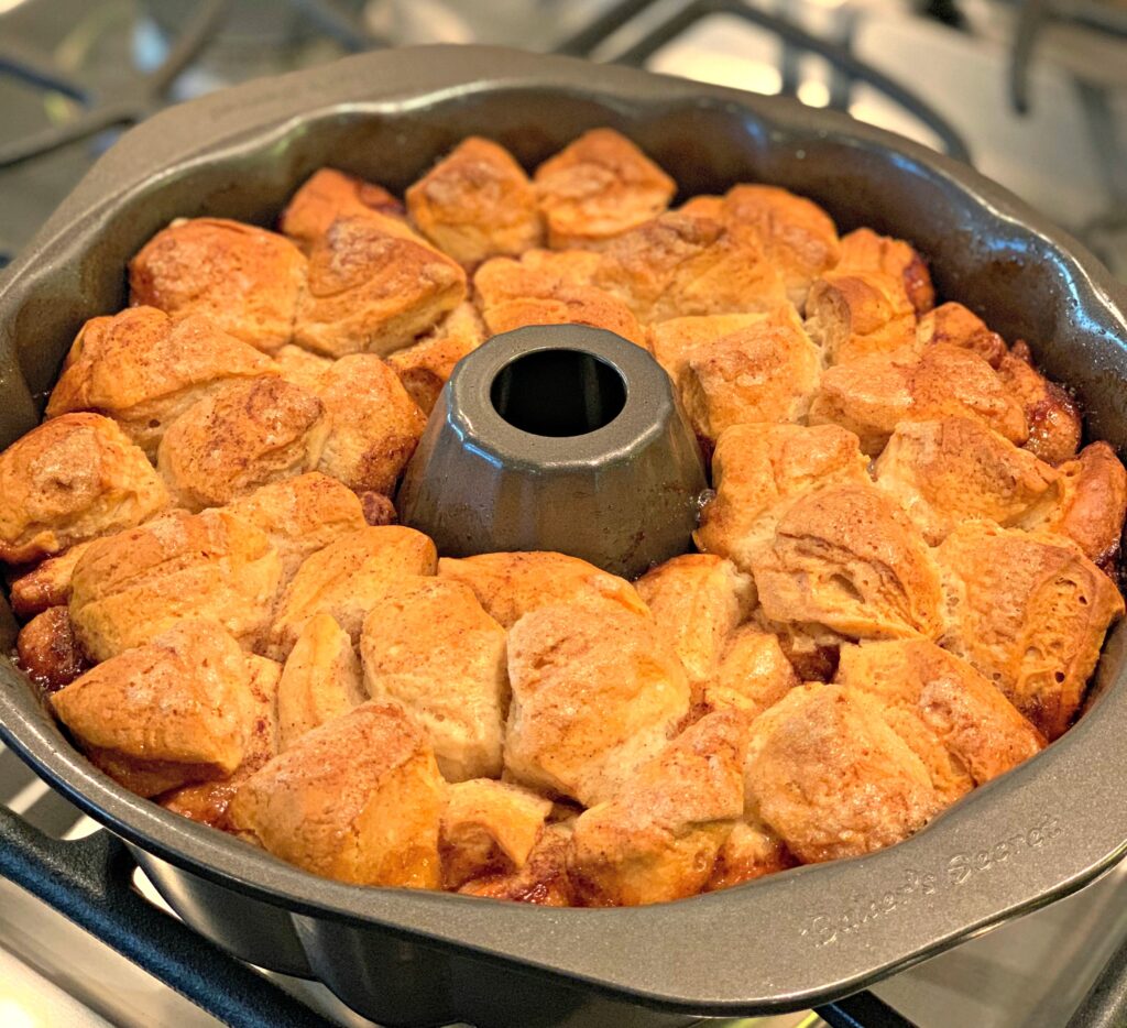biscuit pieces coated in cinnamon and sugar, baked in a bundt cake 