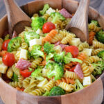 tender rotini noodles coated in Italian dressing with added broccoli, salama, mozzarella, and tomatoes