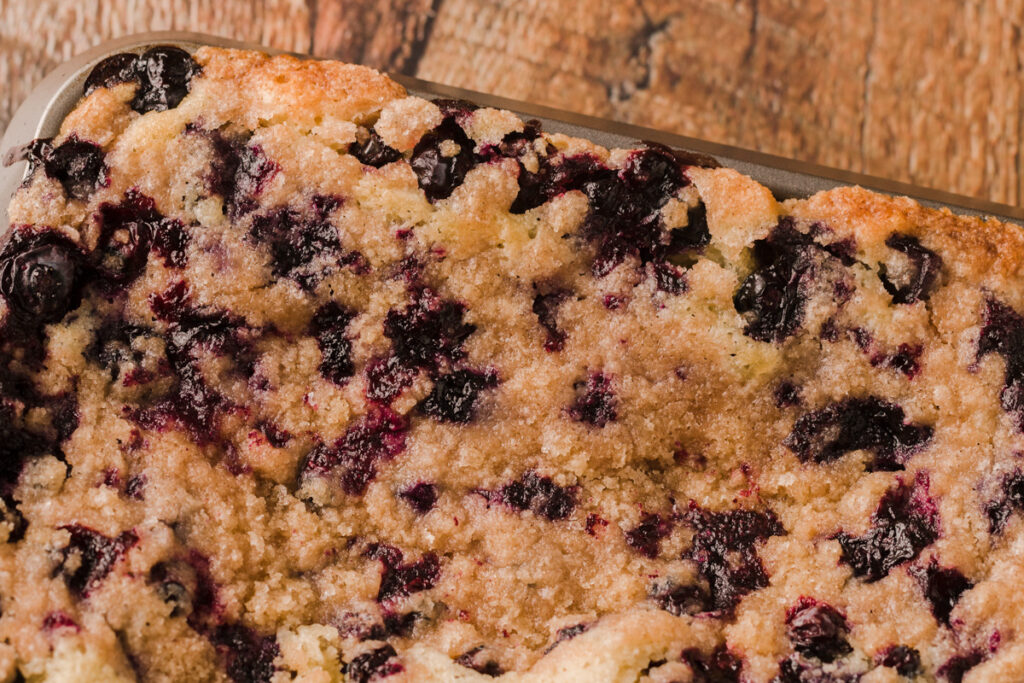 baked blueberry buckle ready to serve