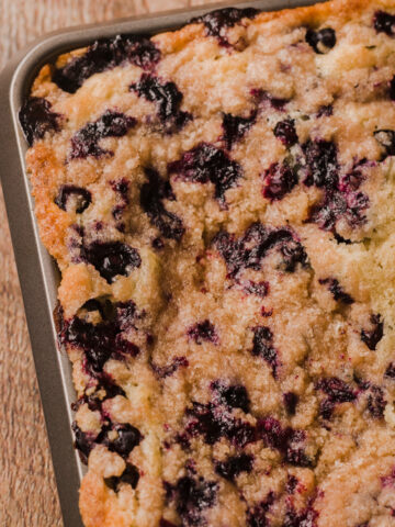 juicy blueberries in a fluffy cake with a cinnamon topping