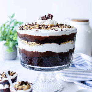 a layered S'mores Trifle in a glass bowl.