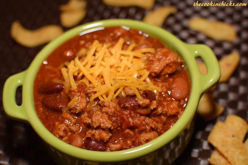 ground beef, beans, onions, and cheese combined into a flavor packed chili