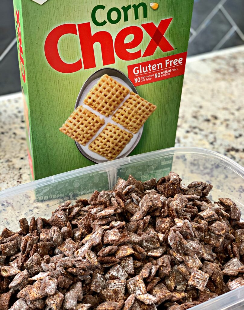 chex cereal coated with chocolate and peanut butter