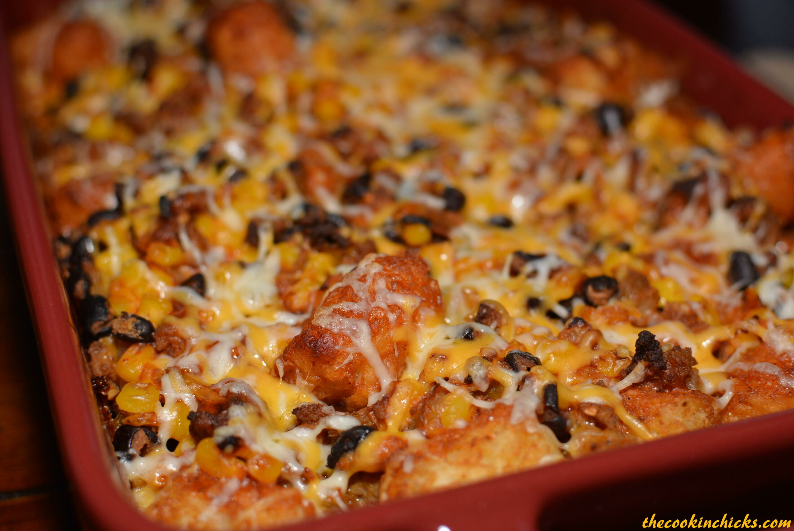 a taco flavored casserole with tater tots and black beans.