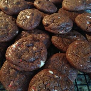 moist, flavorful chocolate chunk cookies with peppermint pieces throughout