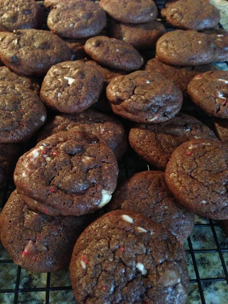 moist, flavorful chocolate chunk cookies with peppermint pieces throughout