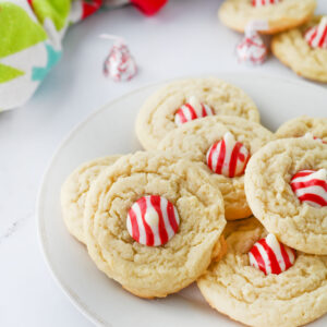 a plate of Peppermint Kiss Sugar Cookies ready to serve.