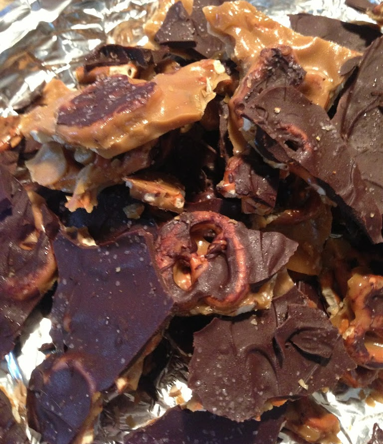 salted caramel poured over pretzels and broken into small pieces for caramel bark