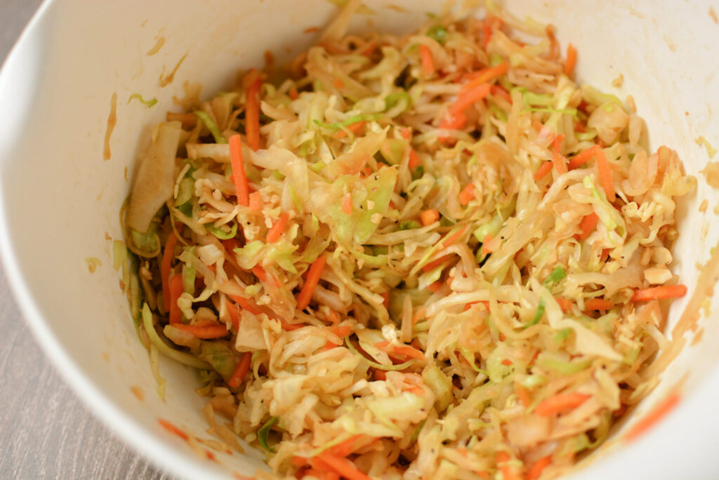 coleslaw mix combined with ginger, garlic, and soy sauce
