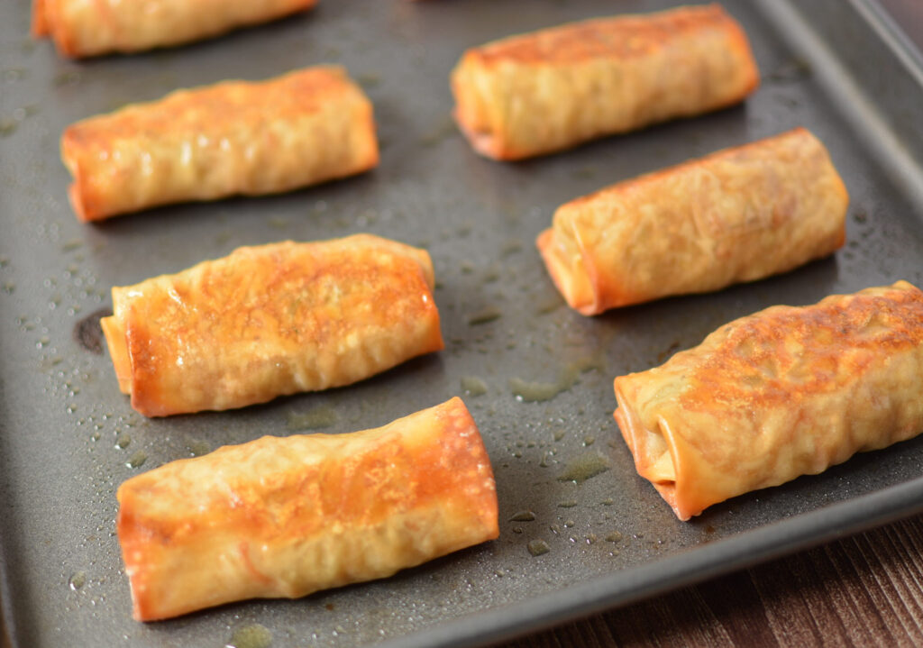 baked egg rolls with a vegetarian center