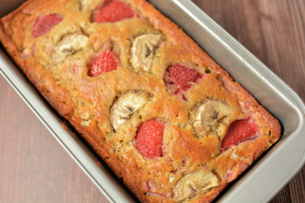 a quick bread made with strawberries and bananas