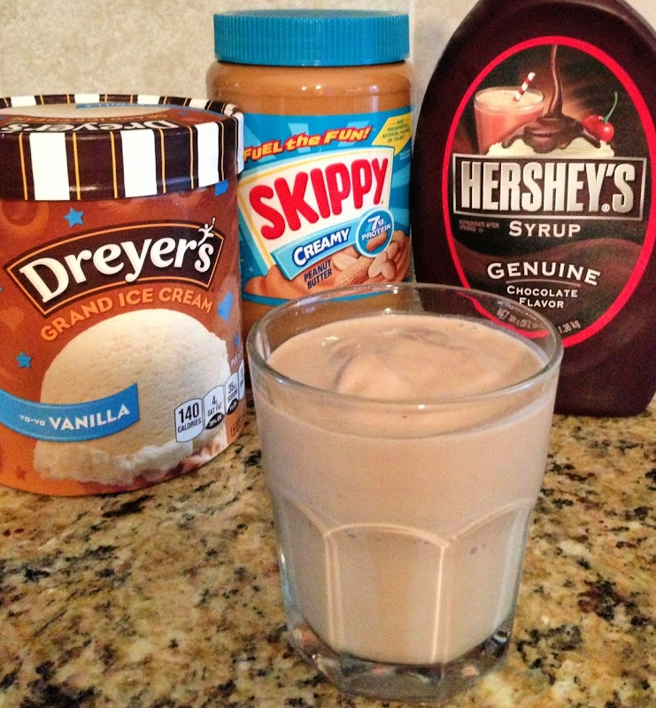 ice-cream, peanut butter, and chocolate syrup combined to create a flavorful peanut butter cup milkshake