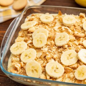banana pudding made entirely from scratch and served with crushed vanilla wafers and banana slices on top