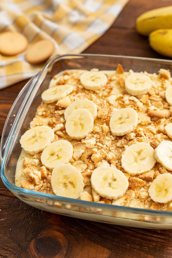 banana pudding made entirely from scratch and served with crushed vanilla wafers and banana slices on top