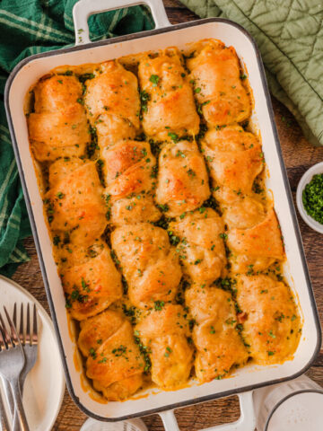golden brown bake with chicken and cheesy sauce on top.
