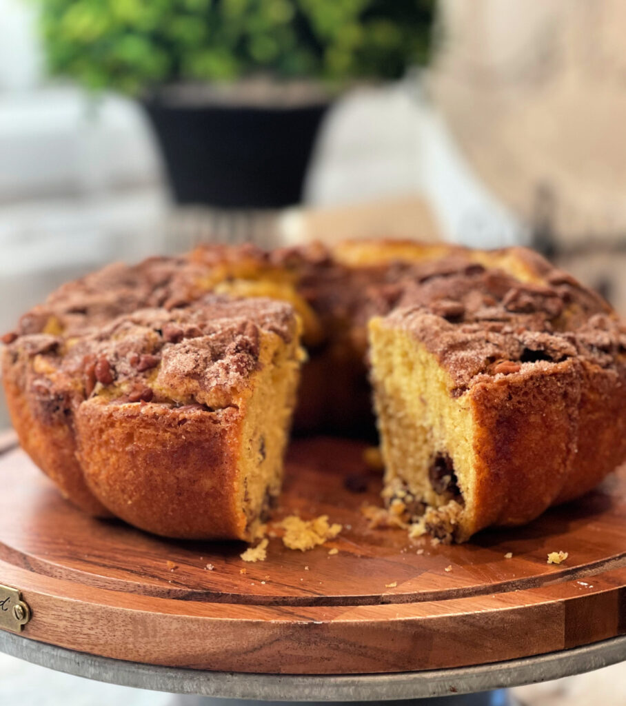 layers of cinnamon streusel and yellow cake combined into a tasty coffee cake