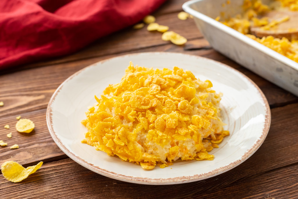 hash browns combined with cheese and a crunchy cereal topping