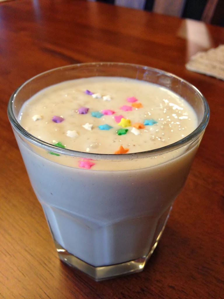 a creamy smoothie consisting of cake mix, bananas, and yogurt for a healthy treat