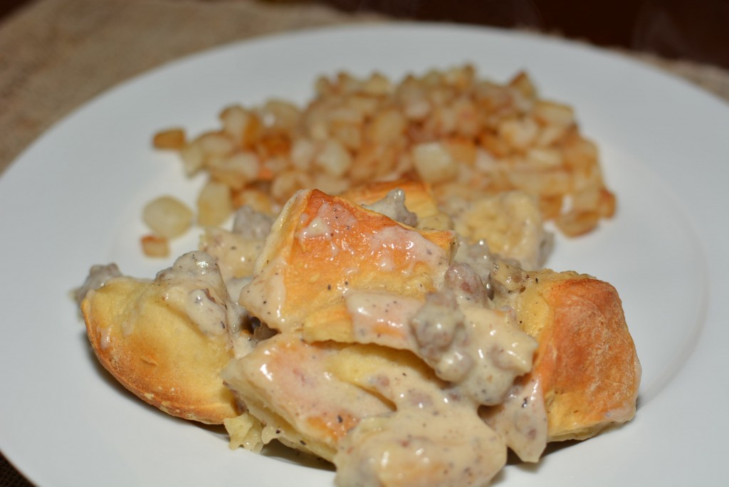 biscuits and sausage combined into a comfort food casserole