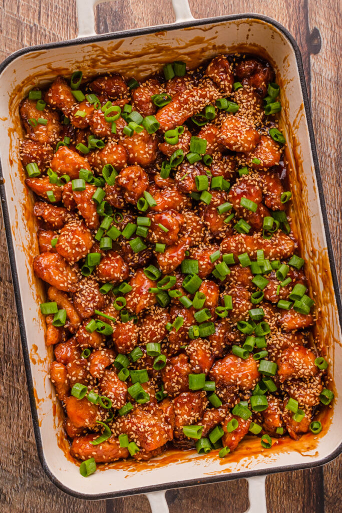 crispy diced chicken baked and coated in a honey glaze
