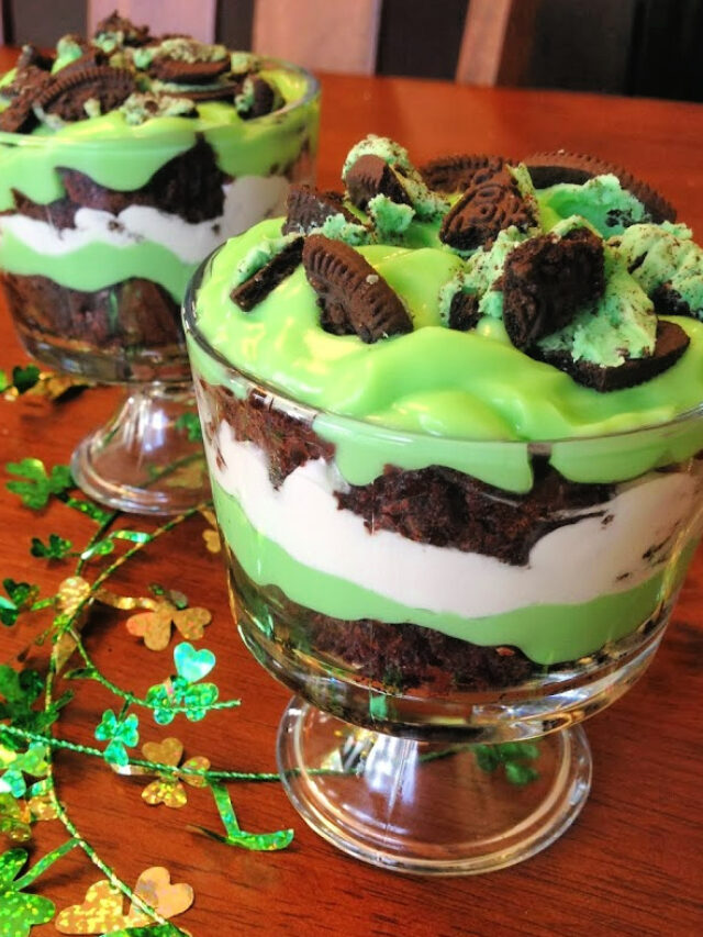 cookies, brownies, cool whip, and pudding combined in this St Patricks Day trifle