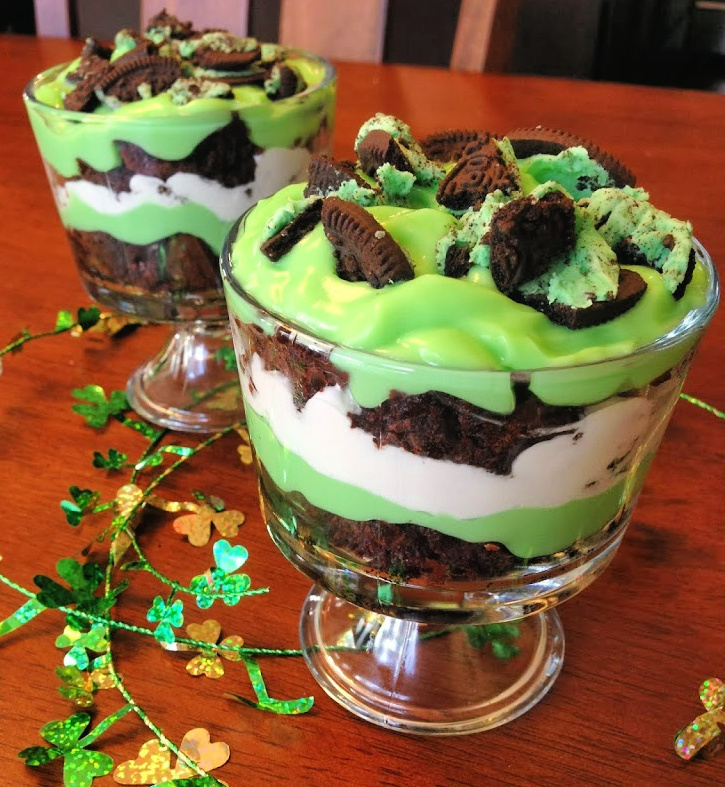 cookies, brownies, cool whip, and pudding combined in this St Patricks Day trifle