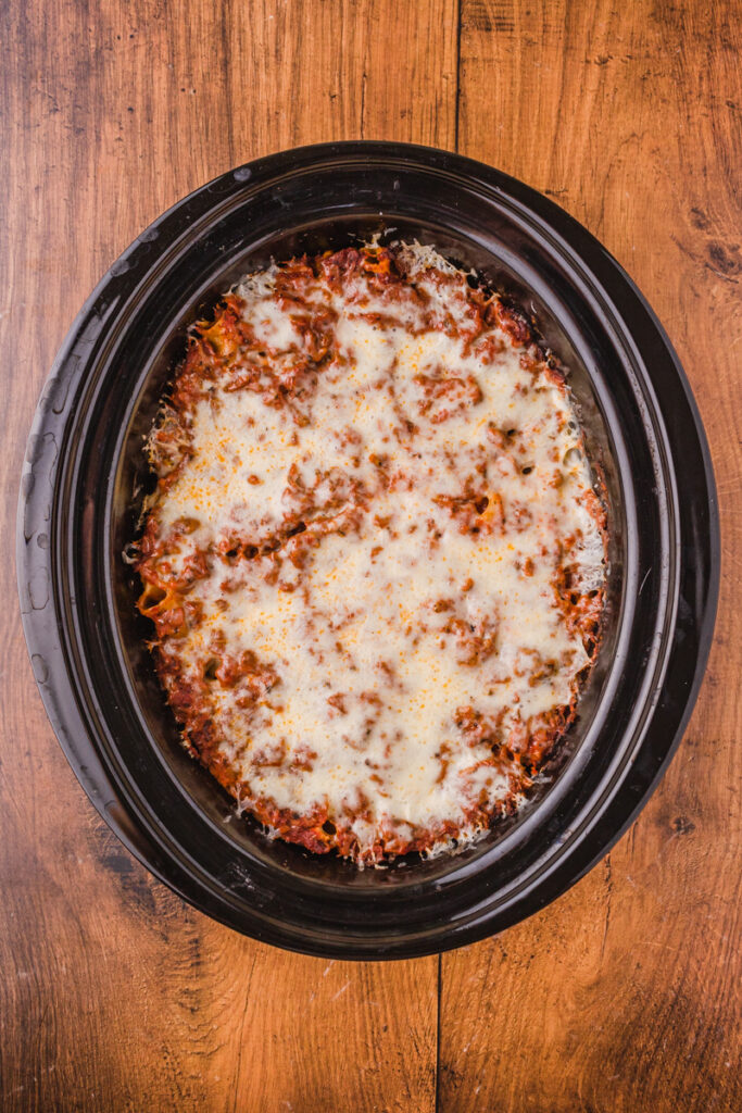 slow cooker ziti ready to serve from the crockpot