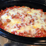 pasta, ground beef, and sauce combined in the slow cooker for a quick shortcut to classic baked ziti