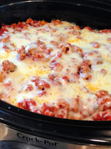 pasta, ground beef, and sauce combined in the slow cooker for a quick shortcut to classic baked ziti