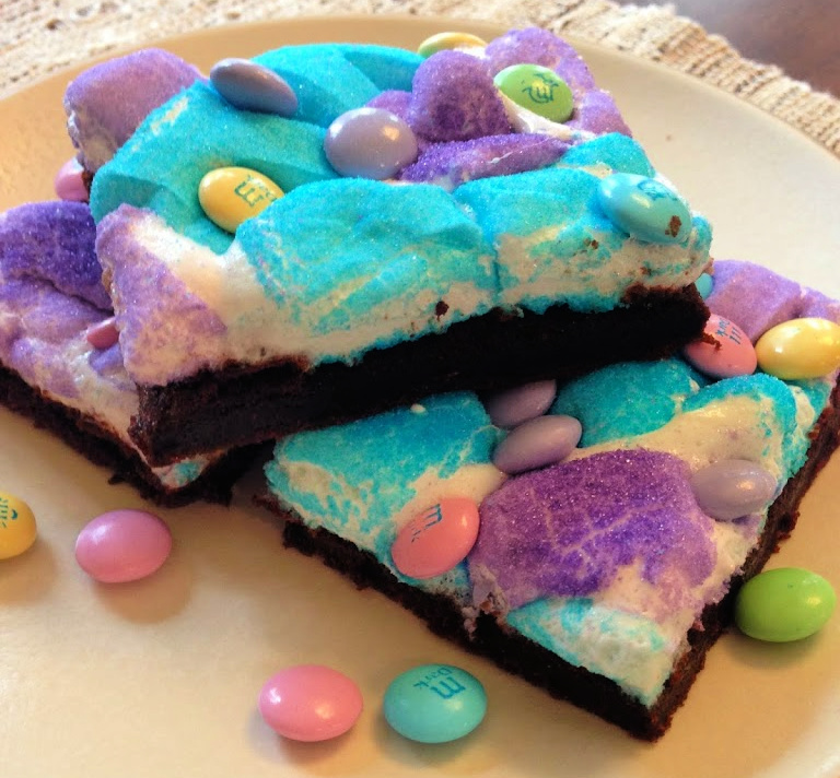 chocolate cake bars with Peeps on top and M & M candy