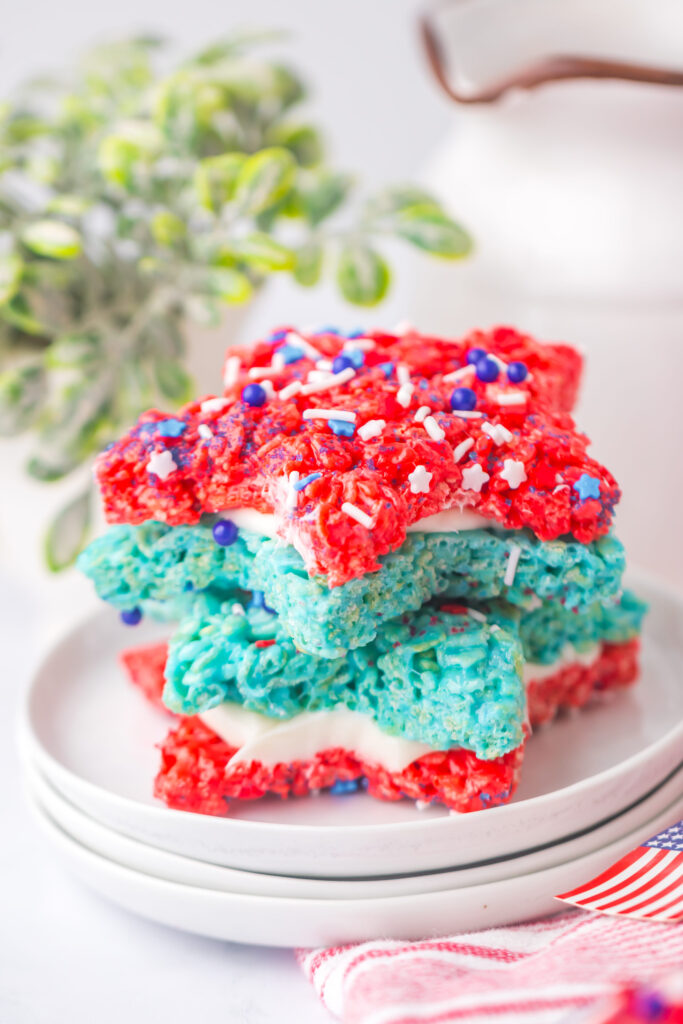 a stack of red, white and blue rice krispie treats.