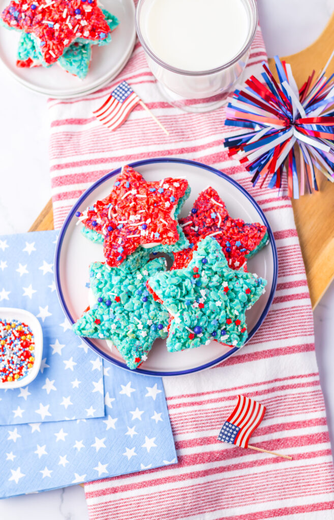 red, white, and blue star shaped rice krispy treats.