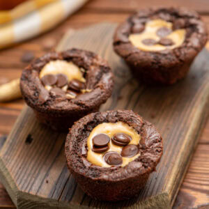 creamy peanut butter in the center of a brownie