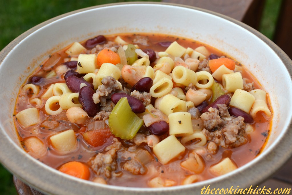 Italian sausage, pasta, beans, and more combined into a copycat version of Olive Garden's Pasta e Fagioli Soup