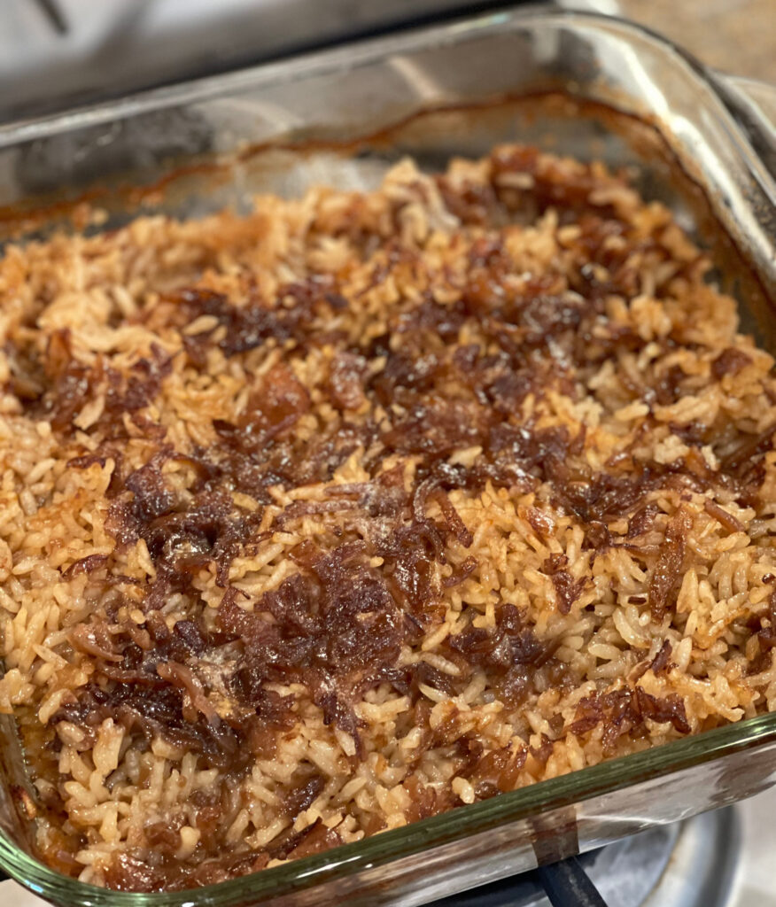 French Onion rice baked in a pan and ready to eat