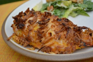 tender chicken with a crunchy onion coating