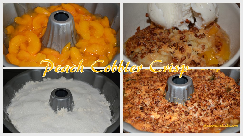 layered peach pie filling with sugar, Bisquick, and pecans on top to create a shortcut Peach Cobbler Crisp