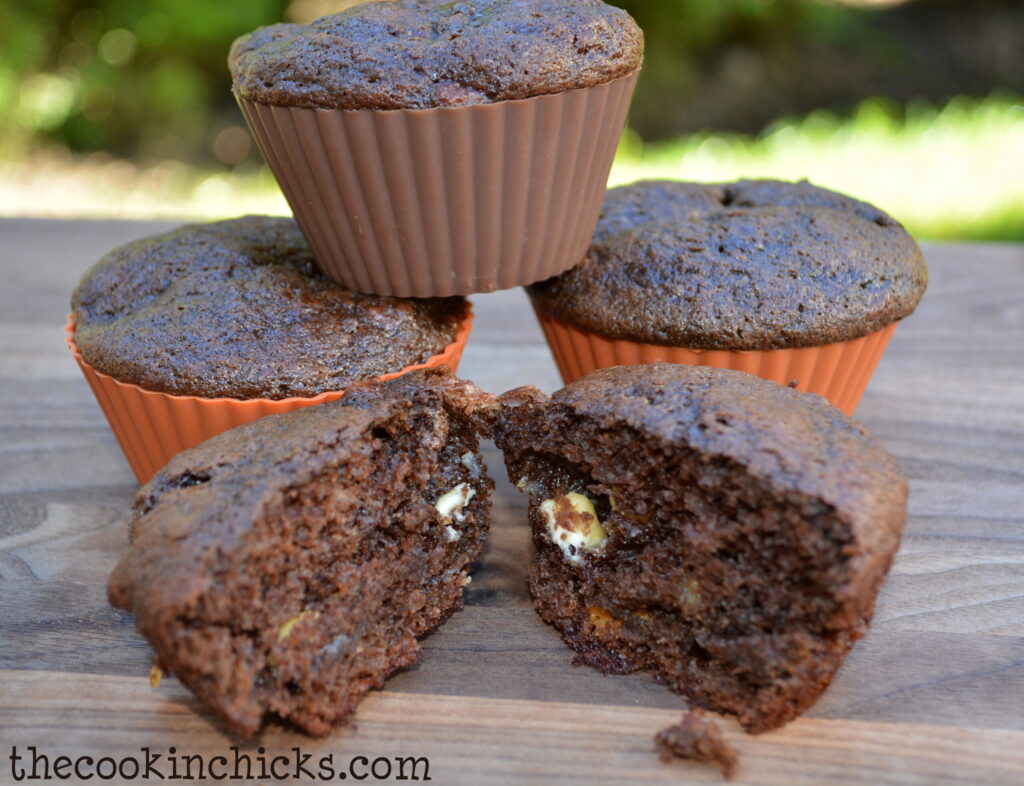 chocolate banana muffins with white chocolate chips throughout