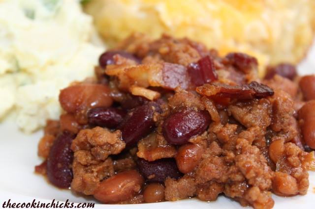 beef, bacon, onion, beans, and more combined into a hearty, flavorful cowboy beans dish