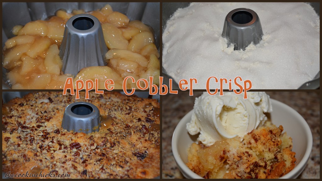 apple pie filling with butter, sugar, pecans, and bisquick combined to form a shortcut cobbler