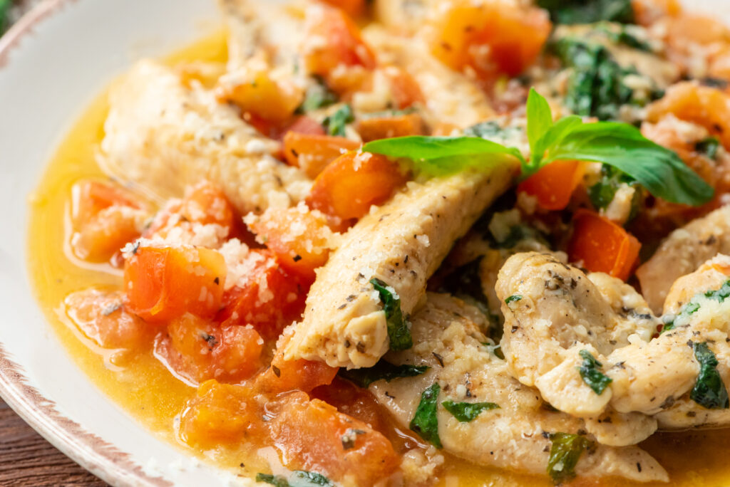 diced tomato, basil, and chicken combined into a healthy, flavorful skillet option