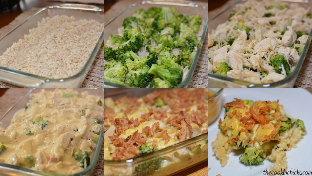 step by step on how to make chicken and broccoli casserole starting with rice, then broccoli, chicken, the cheese sauce, and french fried onions