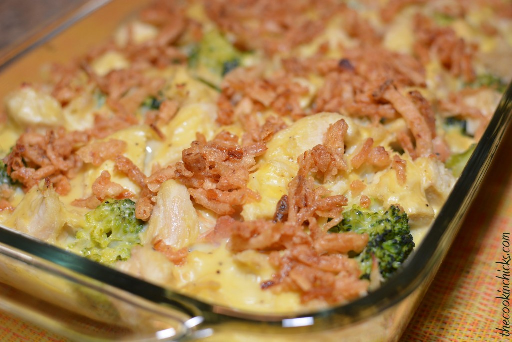 chicken broccoli casserole with French onions on top