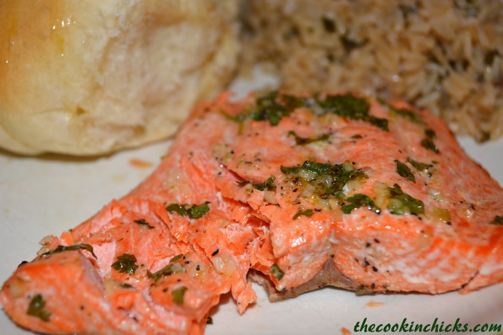 tender, flaky salmon baked with a cilantro lime mixture spread on top