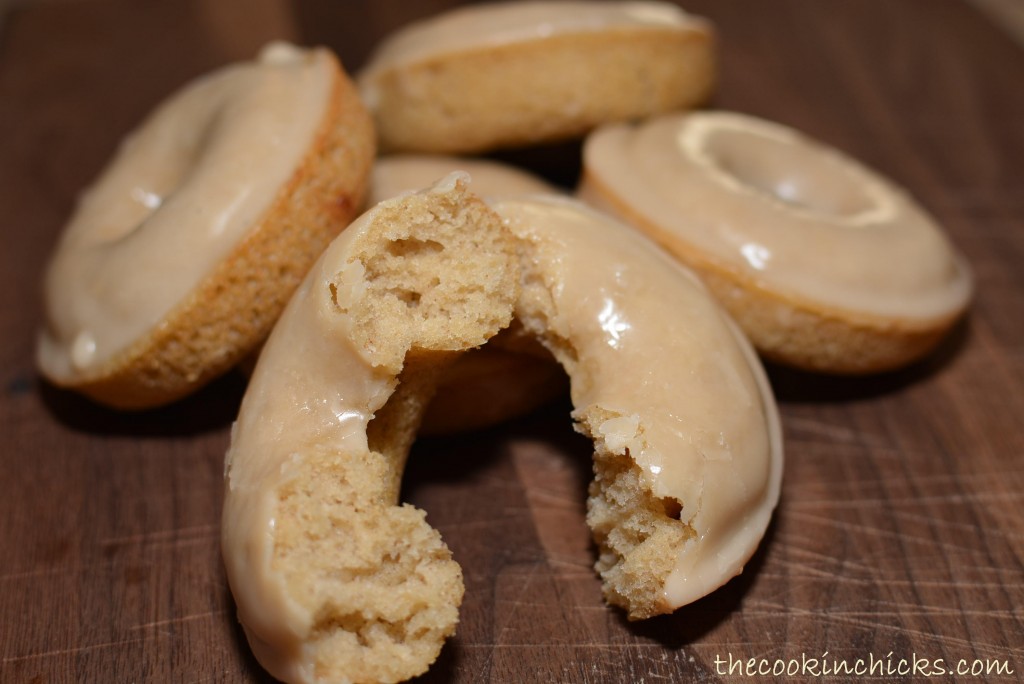 baked apple cider donuts with a salted caramel glaze dipped on top