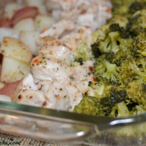 tender chicken, potatoes, and brccoli combined into a one pan meal