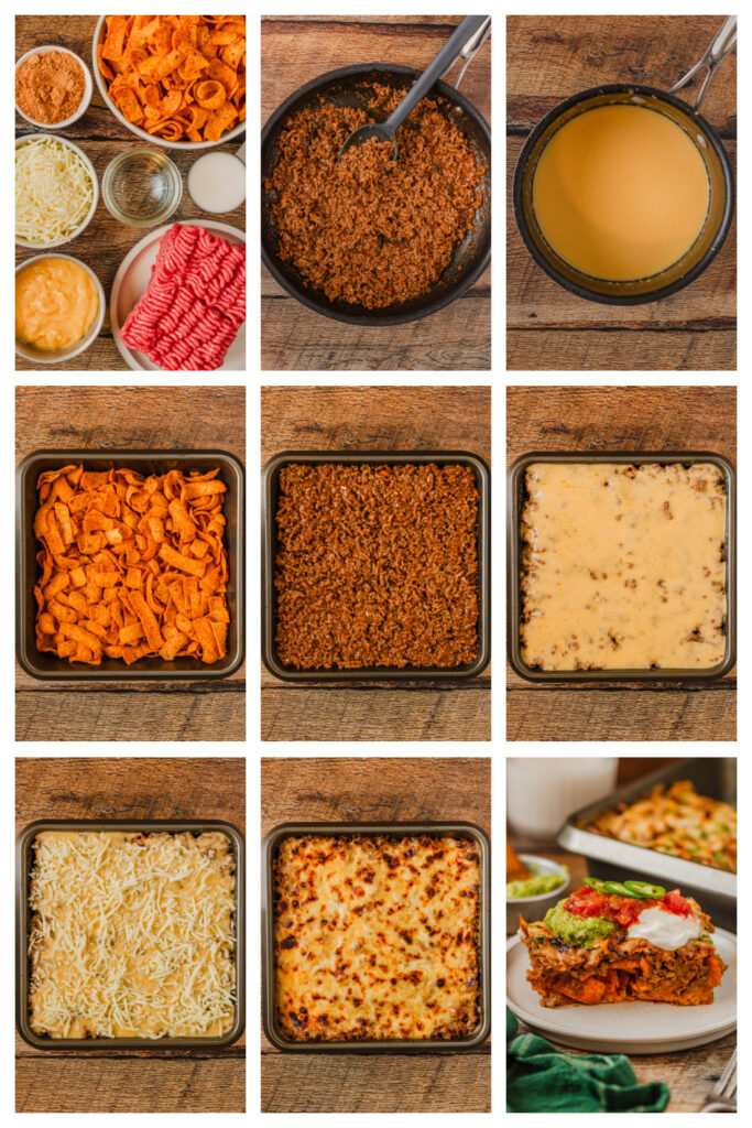 step by step on how to make frito taco bake.