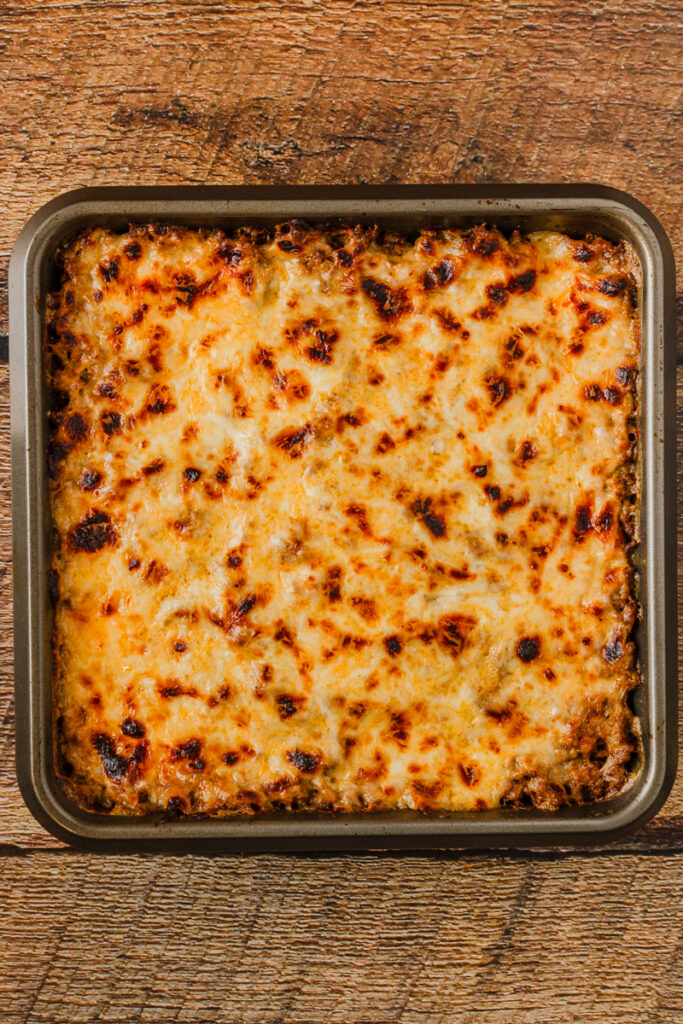 fresh from the oven, a cheesy taco bake.