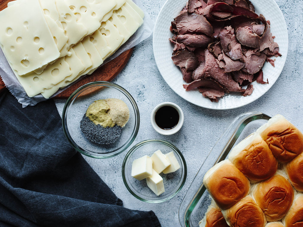 all the ingredients needed to make Hawaiian Roll Roast Beef Sliders.