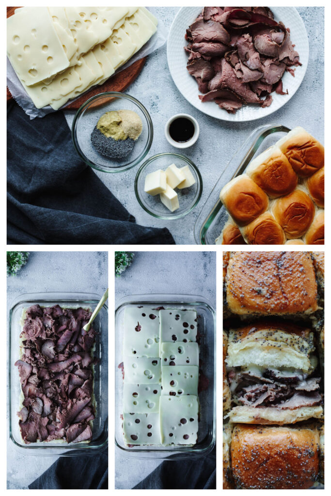 step by step on how to make roast beef and Swiss sliders.